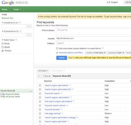 Search Keywords with Google External Keyword Tool